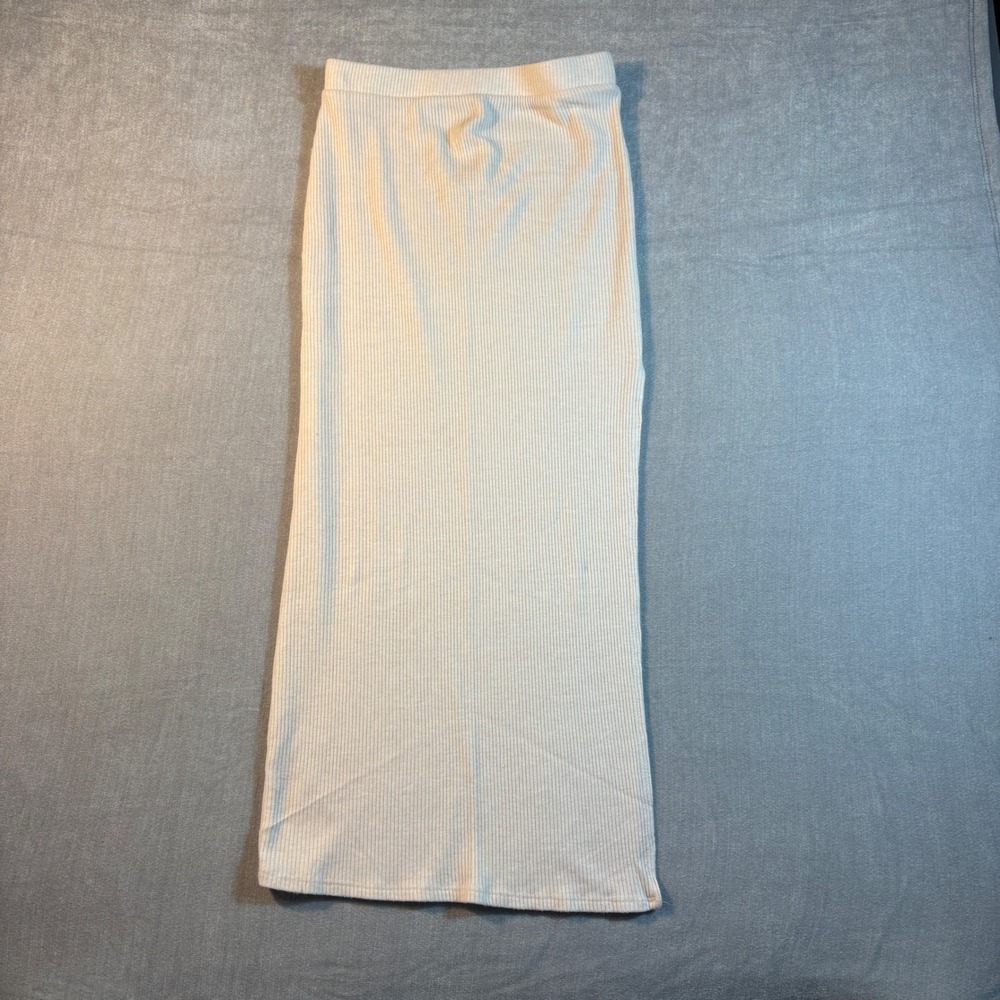 Forever 21 Ribbed Knit Maxi Skirt Beige Oatmeal Elastic Waist Side Slit Large